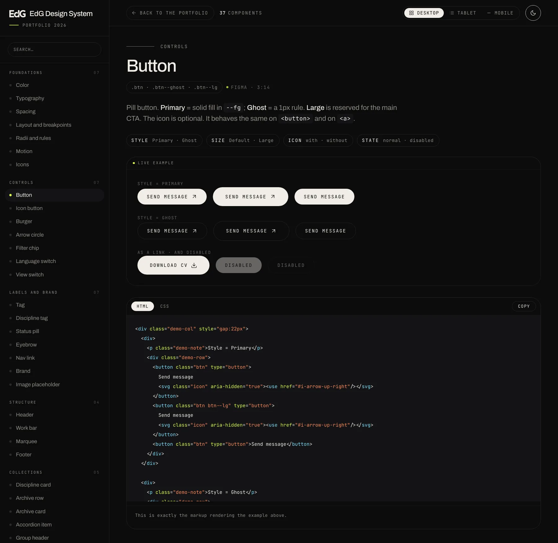 The button page: the six variants working at the top, the highlighted HTML below with the HTML and CSS tabs and the copy button
