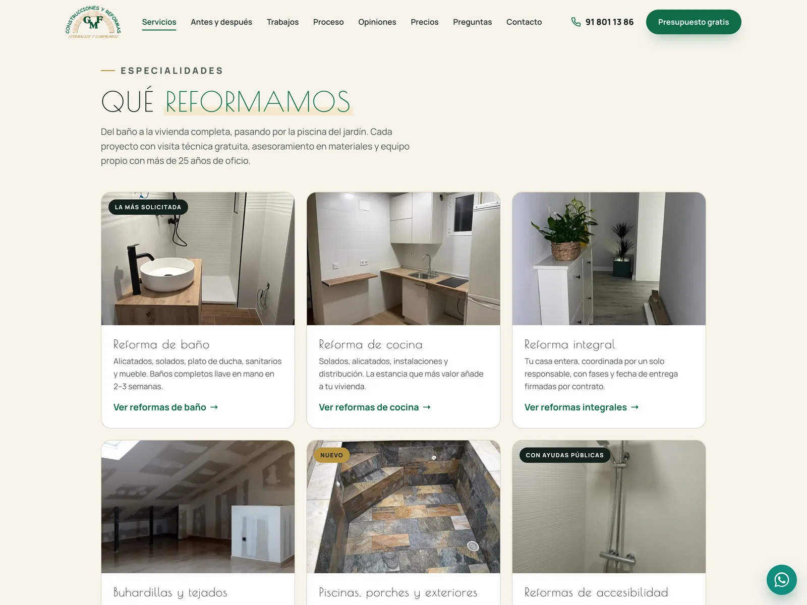The “What we renovate” section: six photo cards —bathroom, kitchen, full renovation, lofts and roofs, pools and outdoors, accessibility— each with a link to its page