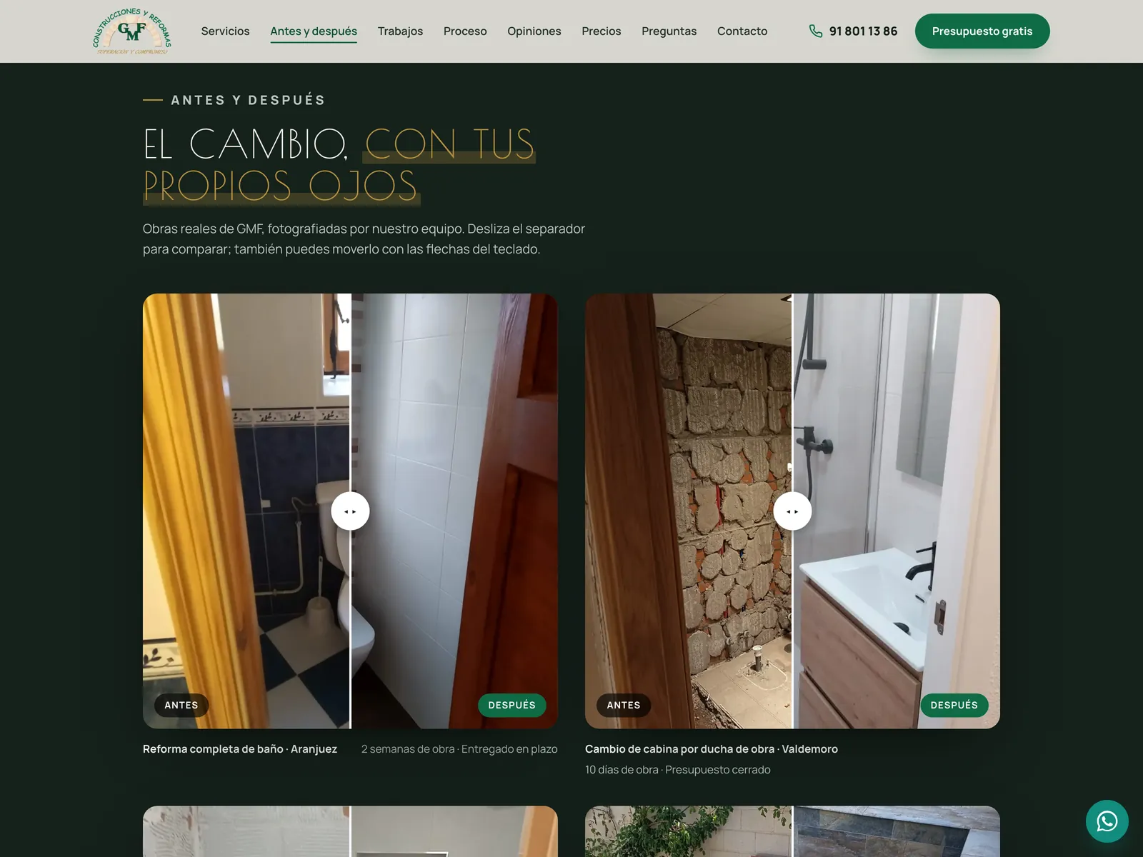 The “See the change with your own eyes” section: four before-and-after comparators with the divider in the middle, the Before and After badges, and a caption with the town and duration of each job