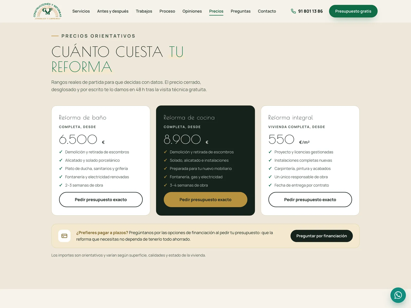 The “How much does your renovation cost” section: three price cards —bathroom from €6,500, kitchen from €8,900 highlighted in gold, and full renovation from €550/m²— with what each includes, and the financing block below