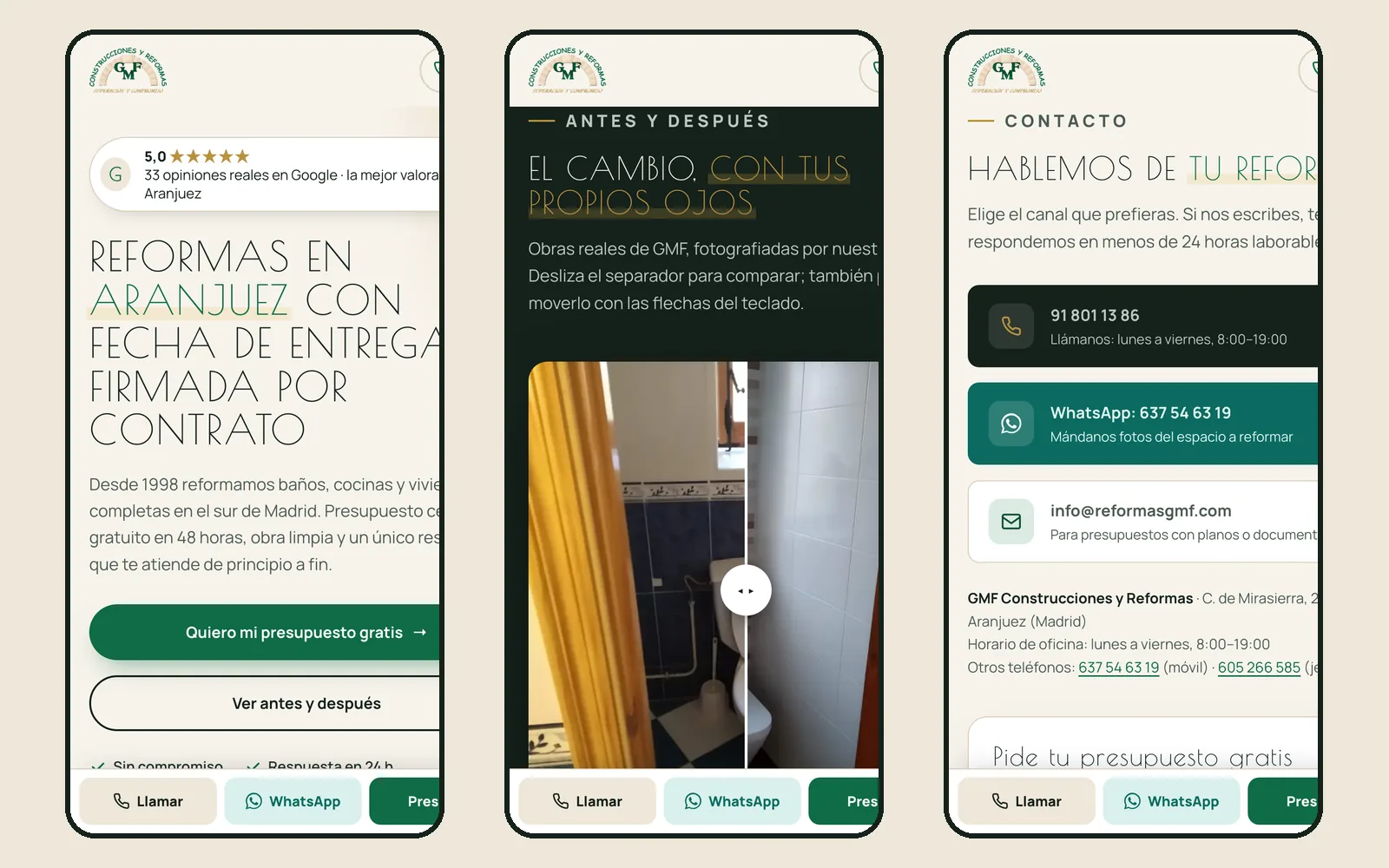The same site at 390 pixels on three screens: the home page with the Google rating and the headline, the before-and-after comparator, and the quote form; on all three, the fixed bottom bar with Call, WhatsApp and Quote