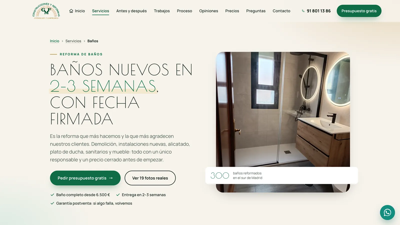 The hero of the bathroom renovation page: the breadcrumb “Home / Services / Bathrooms”, the headline “New bathrooms in 2–3 weeks, with a signed date”, the supporting text, the quote buttons and a photograph of a renovated bathroom