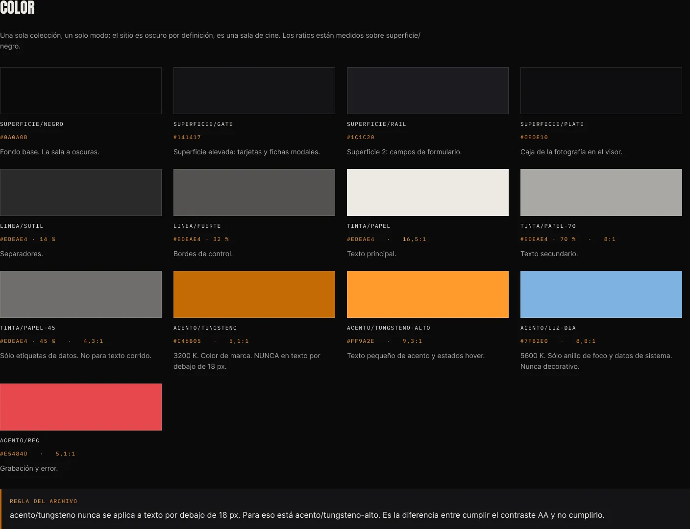 Foundations page in Figma with the thirteen colour tokens: surfaces, lines, inks and accents, each with its hex value and its use
