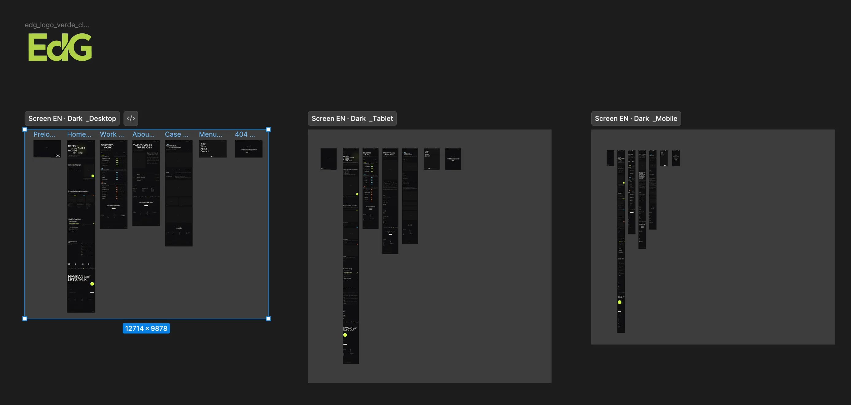 Figma canvas with three frames labelled Screen EN · Dark for desktop, tablet and mobile, each holding the preloader, home, work, about, case study, menu and 404 screens