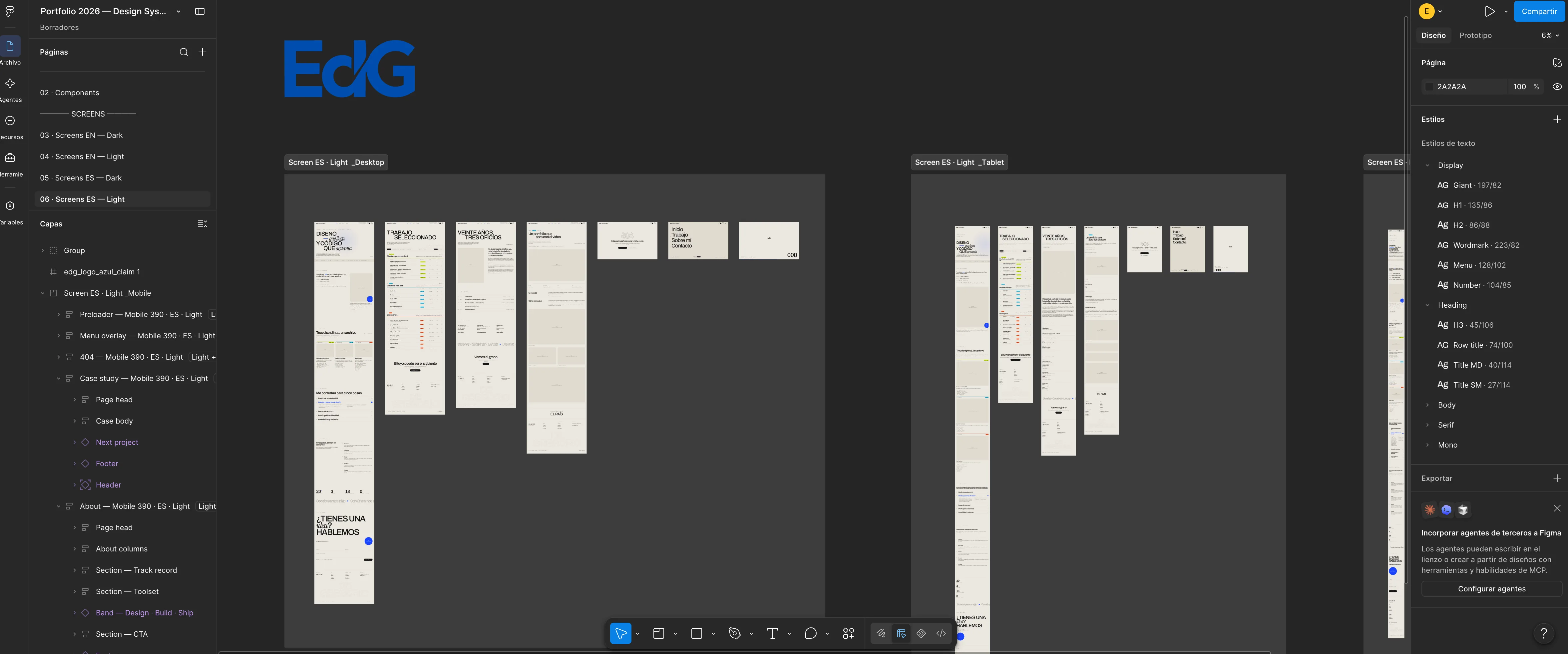 Figma canvas with the light-version screens: bone background, dark type and a blue accent, at desktop, tablet and mobile, with the file's layer tree on the left