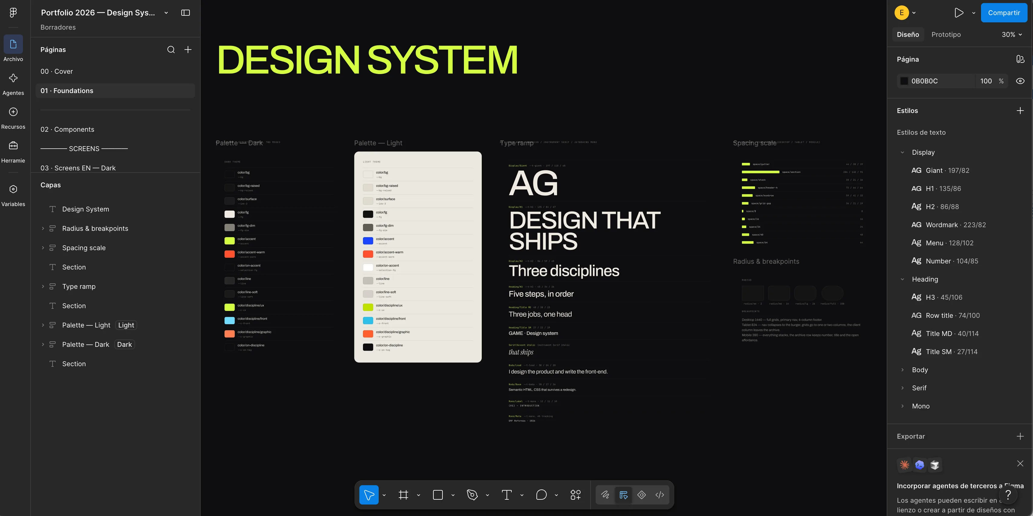 Design System page in Figma with the dark and light palettes named by role, the type ramp, the spacing scale and the table of radii and breakpoints