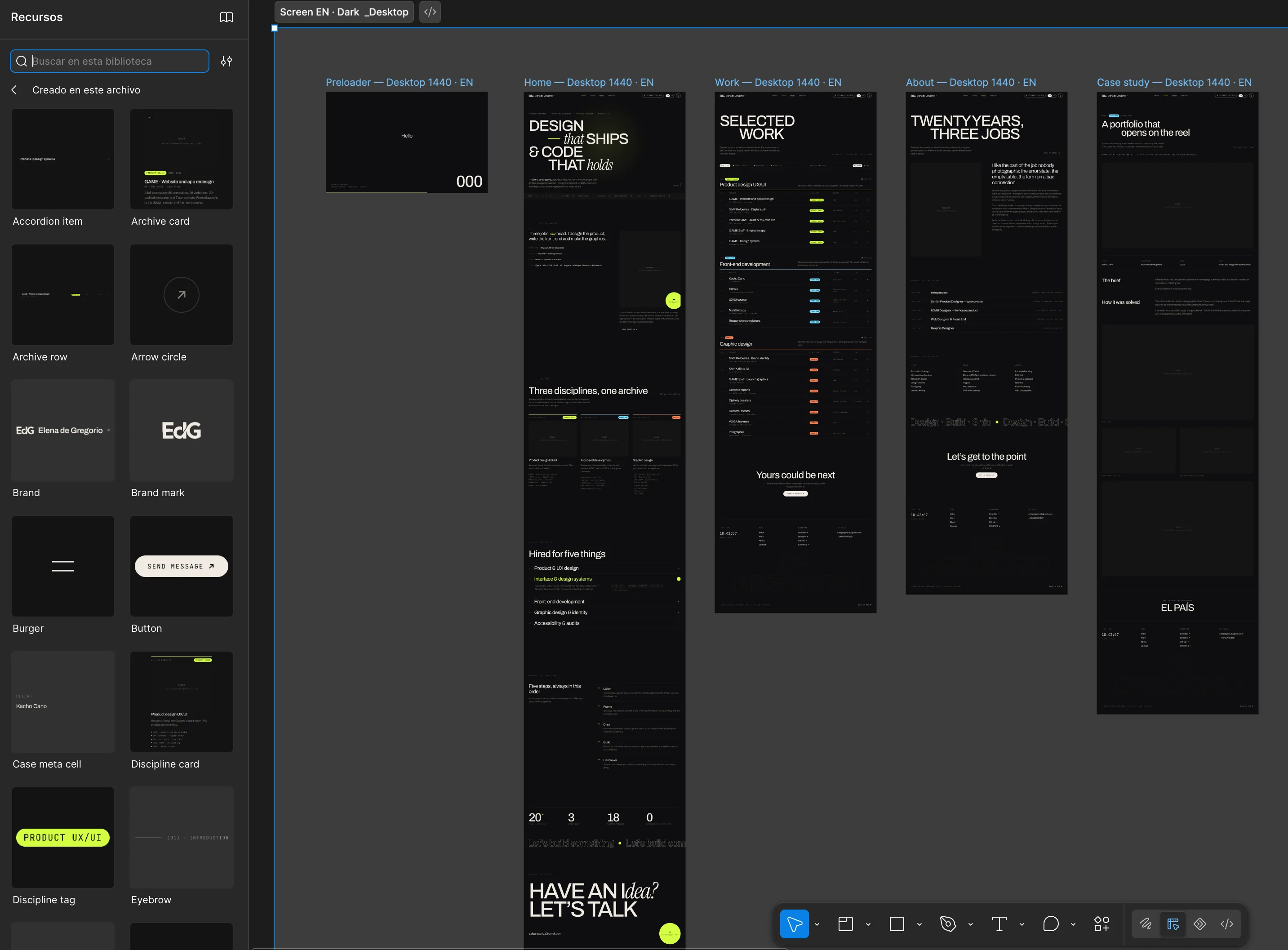 Figma assets panel with the published component library on the left and, on the right, the preloader, home, work, about and case study screens assembled from those instances