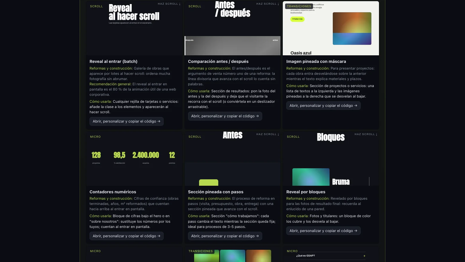 The animation advisor with the query “renovations website”: design recommendations for renovation and construction and cards with live previews of the before/after comparison, the pinned mask and the counters, with the reason and the usage of each