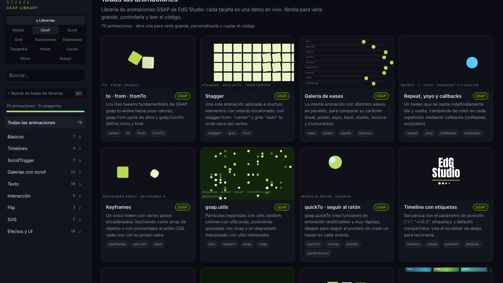The GSAP library gallery: animated cards for tweens, stagger, eases, timelines, ScrollTrigger and scroll galleries