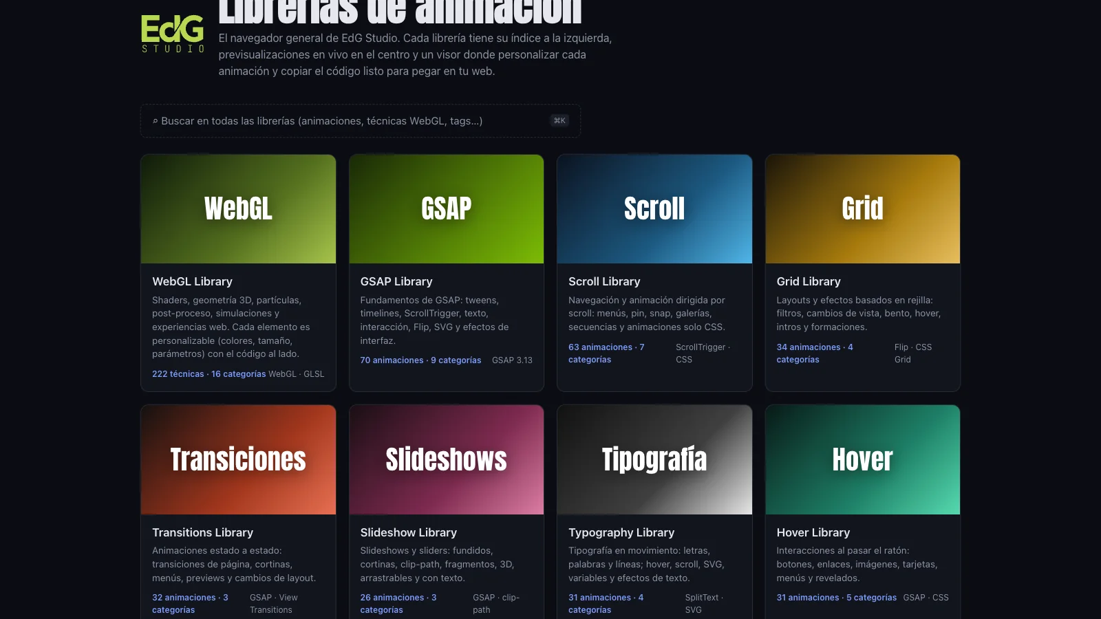 The library hub: one card per library (WebGL, GSAP, Scroll, Grid, Transitions, Slideshows, Typography, Hover, Cursor, Micro and Advisor) with its animation count