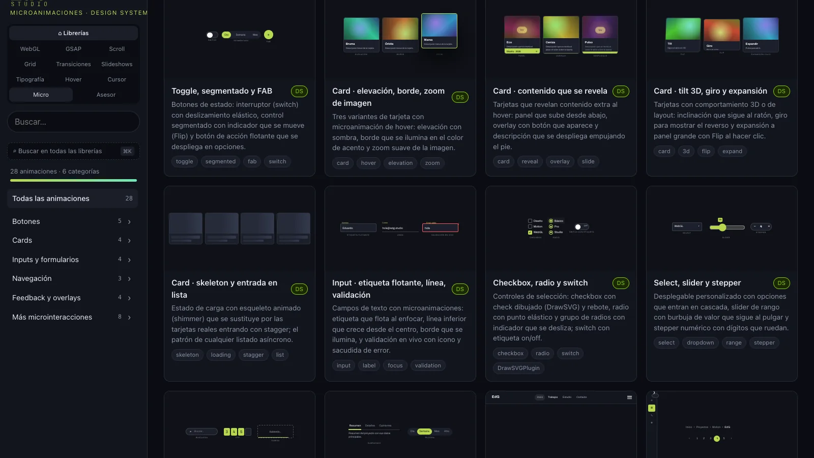 The micro-animations library: buttons with text, icon and text plus icon, button hierarchy, loading states, cards, inputs, tabs and navigation