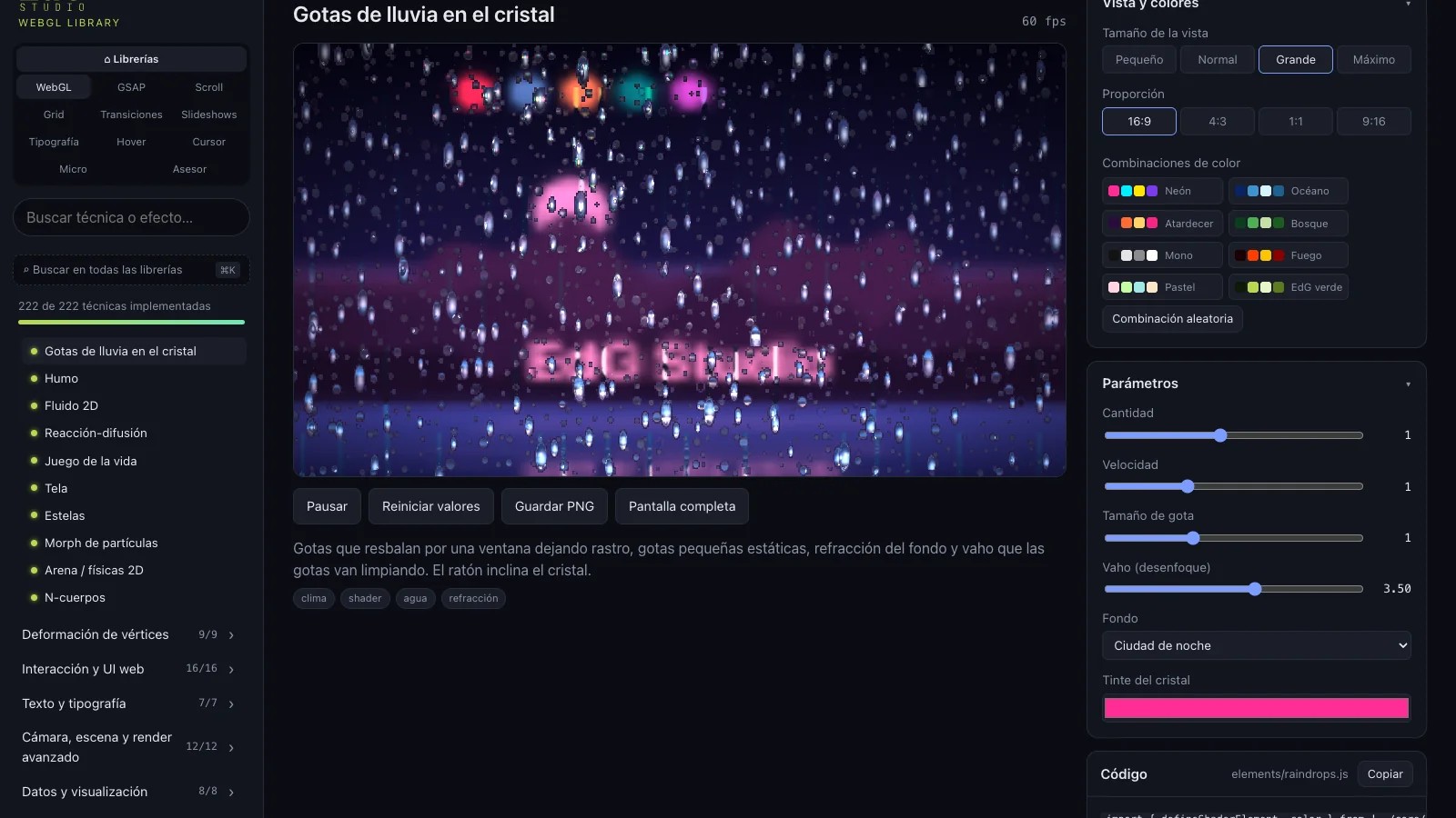 The WebGL library viewer with the raindrops on glass open, the Neon palette applied and the parameters panel