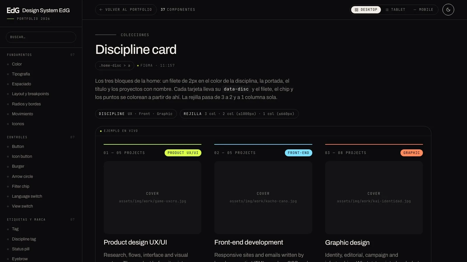 La web de documentación del Design System EdG, con las tres tarjetas de disciplina