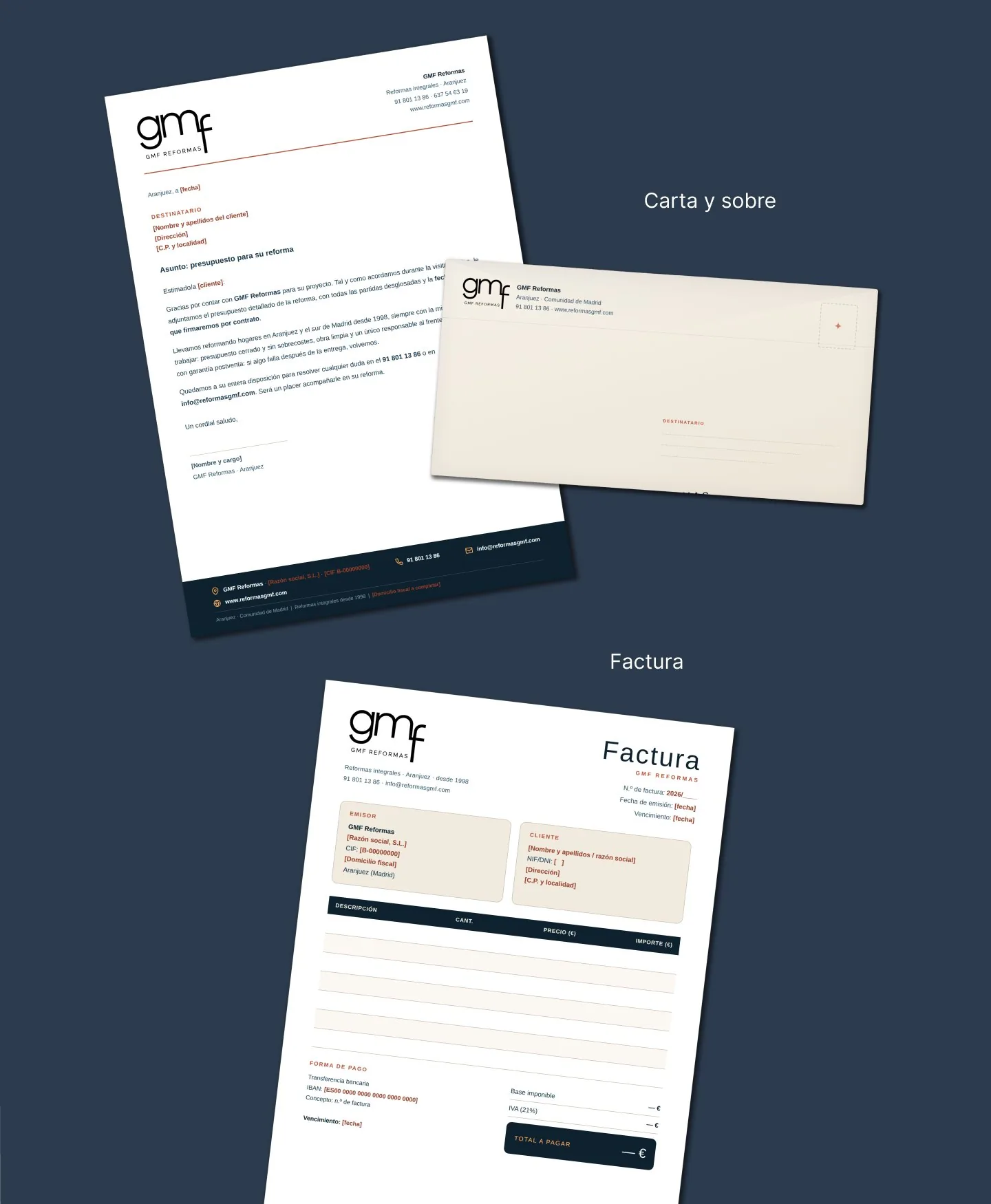 Letterhead, envelope and invoice: the system applied to the documents of every week