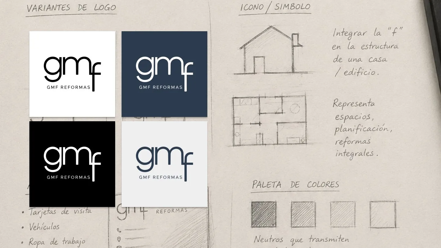 GMF Reformas identity board: sketches, logo variants and stationery