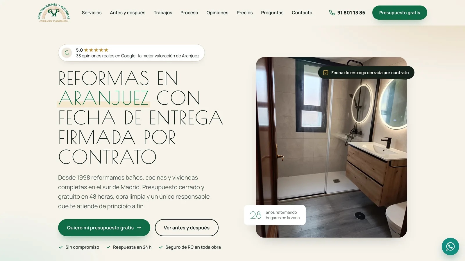 The home page of the new GMF Reformas website: the headline with the delivery date signed by contract, the Google rating and a renovated bathroom
