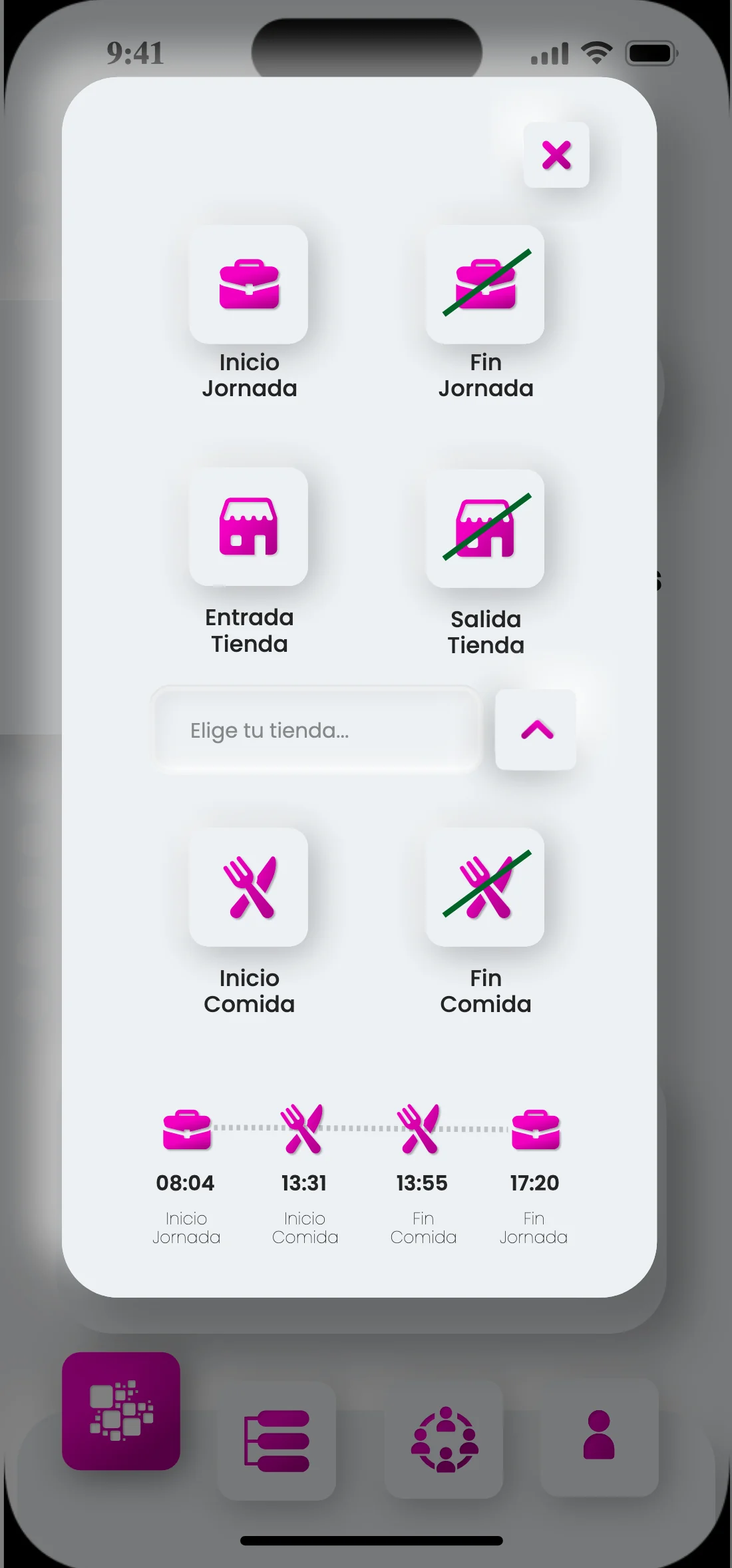 Clock-in screen: six buttons for shift start and end, store in and out, and break start and end