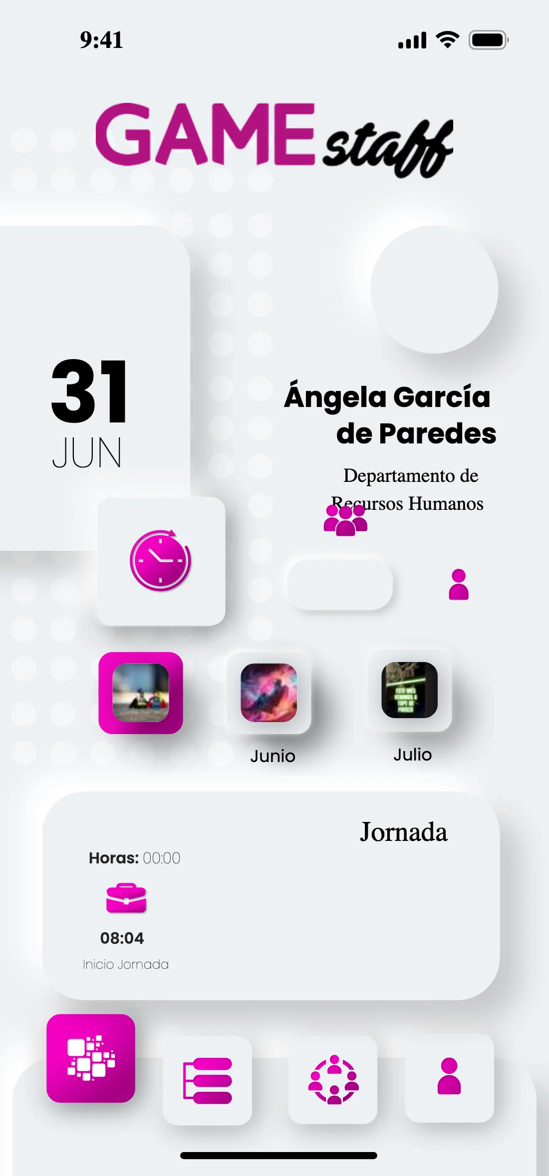 App home: date, identity, the clock-in button and the shift summary
