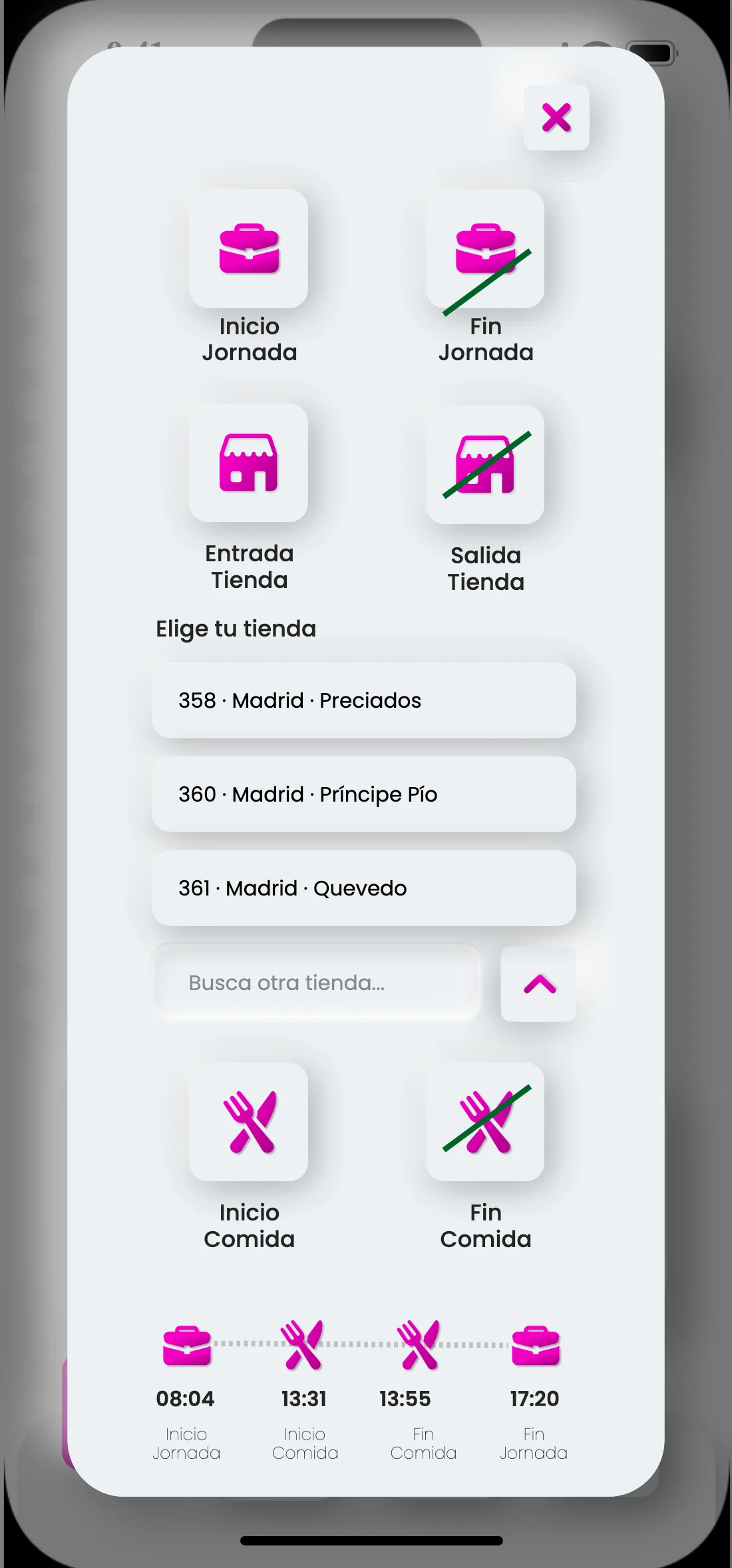 Choosing a store inside the clock-in flow, with search and stores listed by code and street