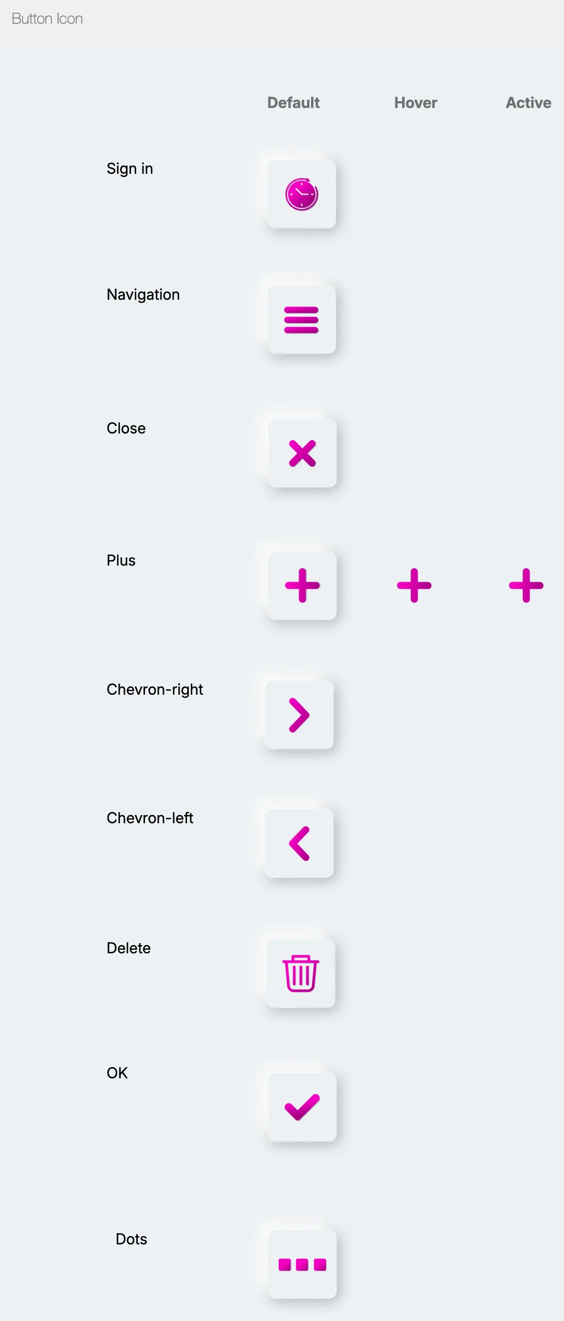 Icon button board: nine named icons with their default, hover and active states