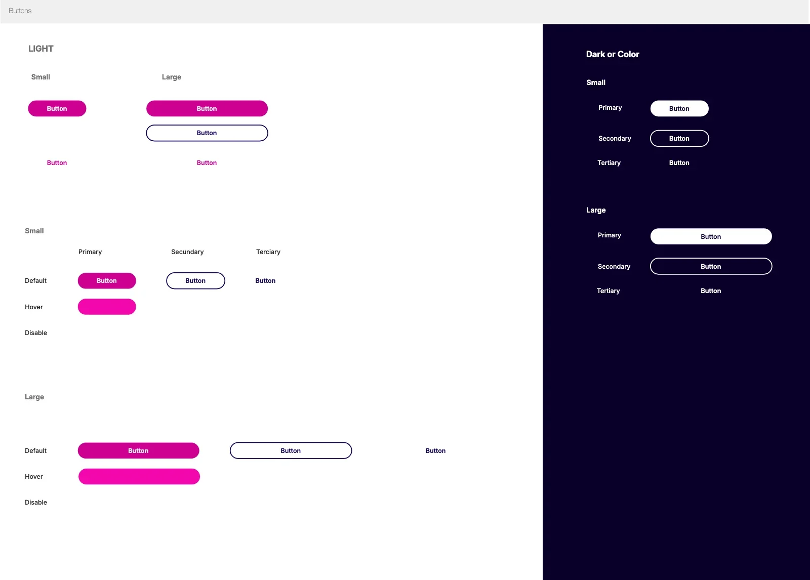 The system's button board: light and dark themes, small and large sizes, primary, secondary and tertiary hierarchies, each with default, hover and disabled states