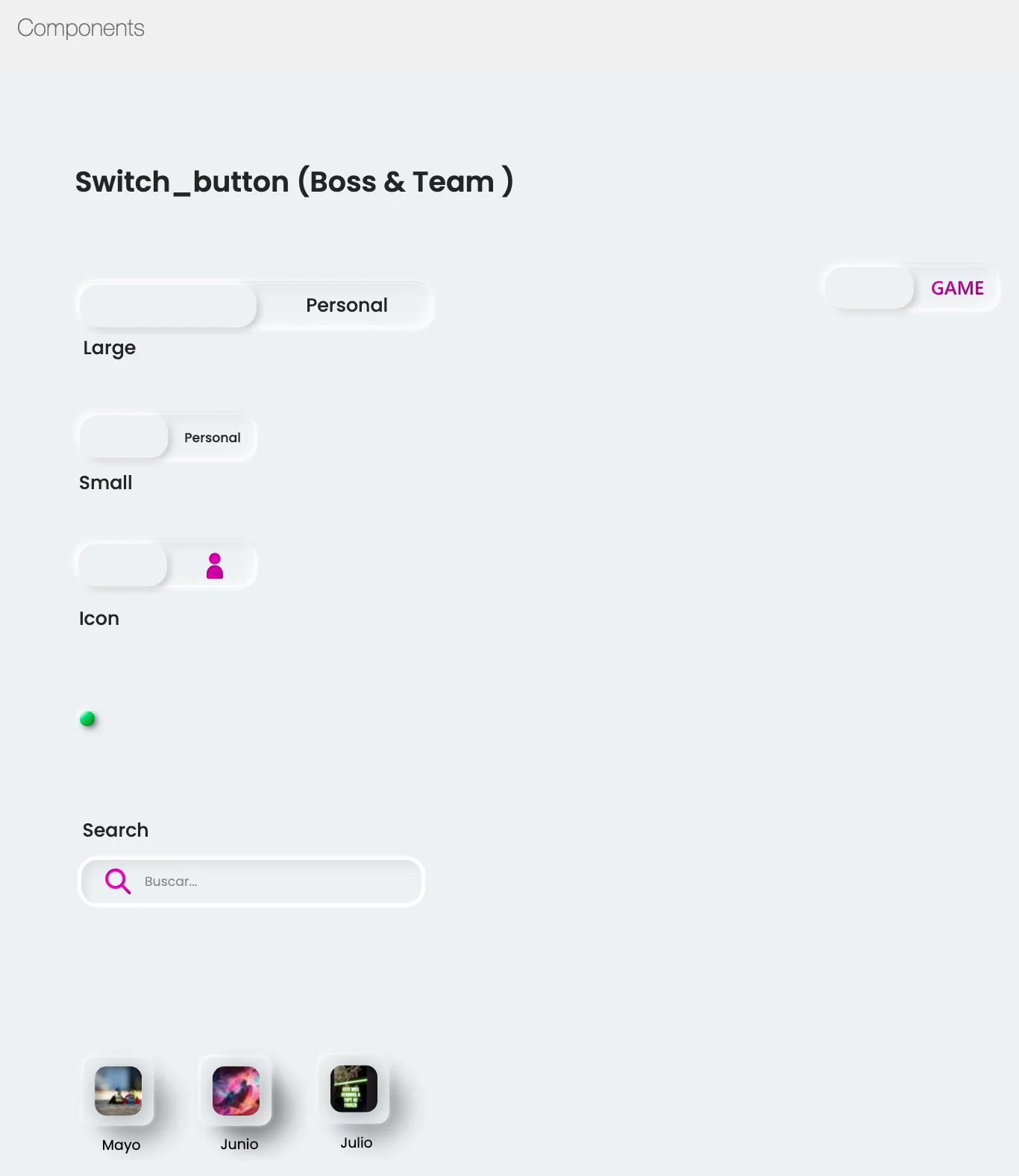 Component board: the boss/team switch, form fields, search and cards