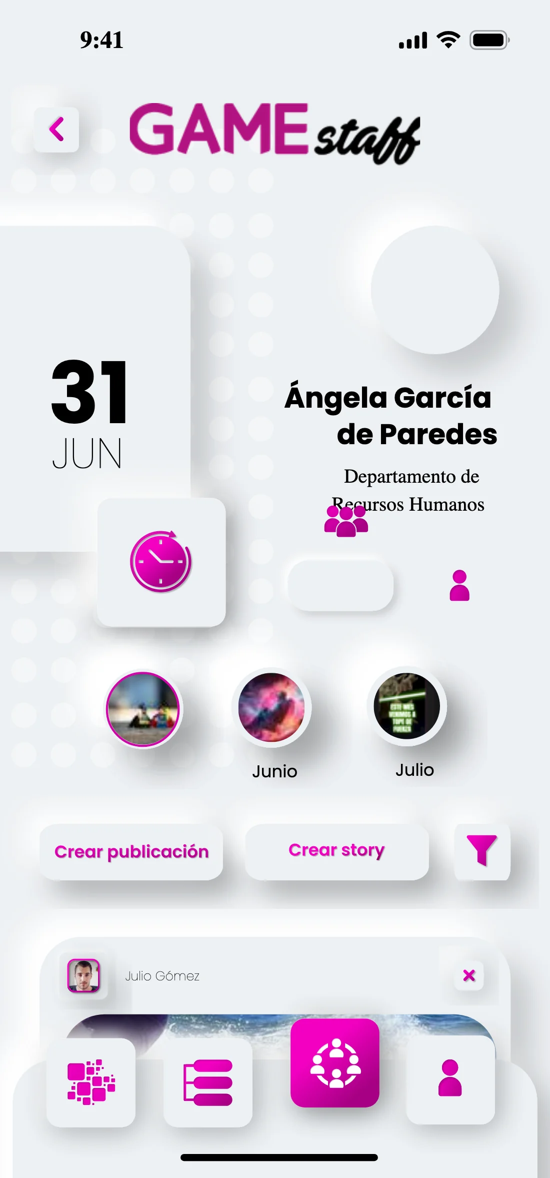 The internal feed on mobile: stories along the top, create-post and create-story buttons, and the reach filter