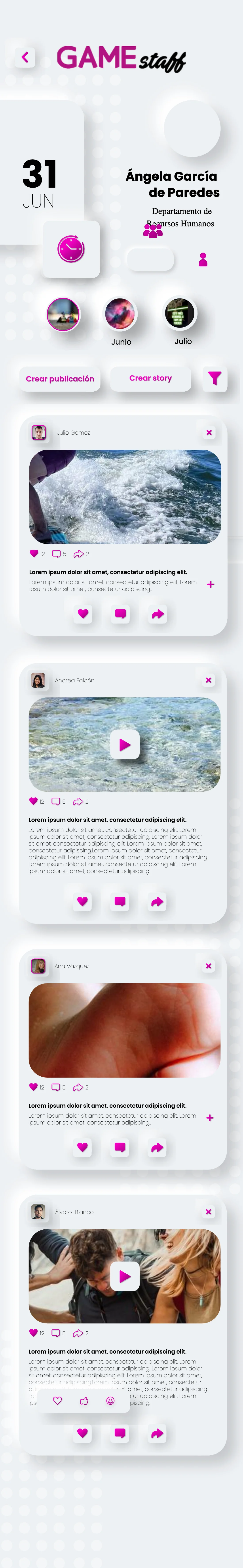 The full internal feed: posts with photo and with video, reactions, and the suggested-people block set between them
