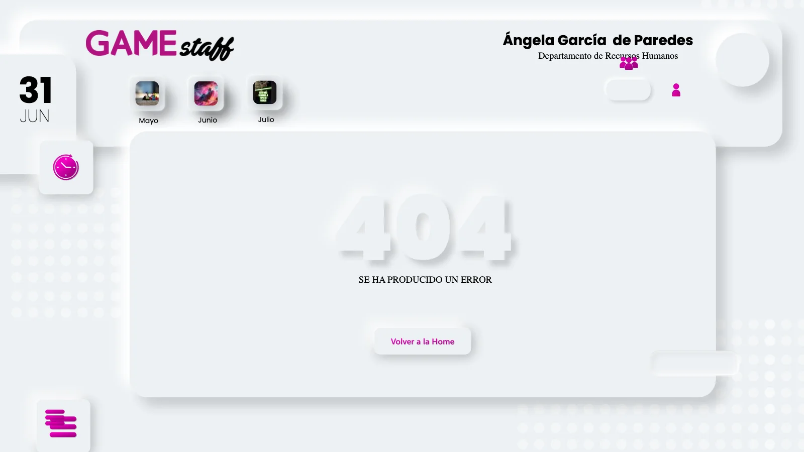Desktop 404 error screen, with a button back to the home screen