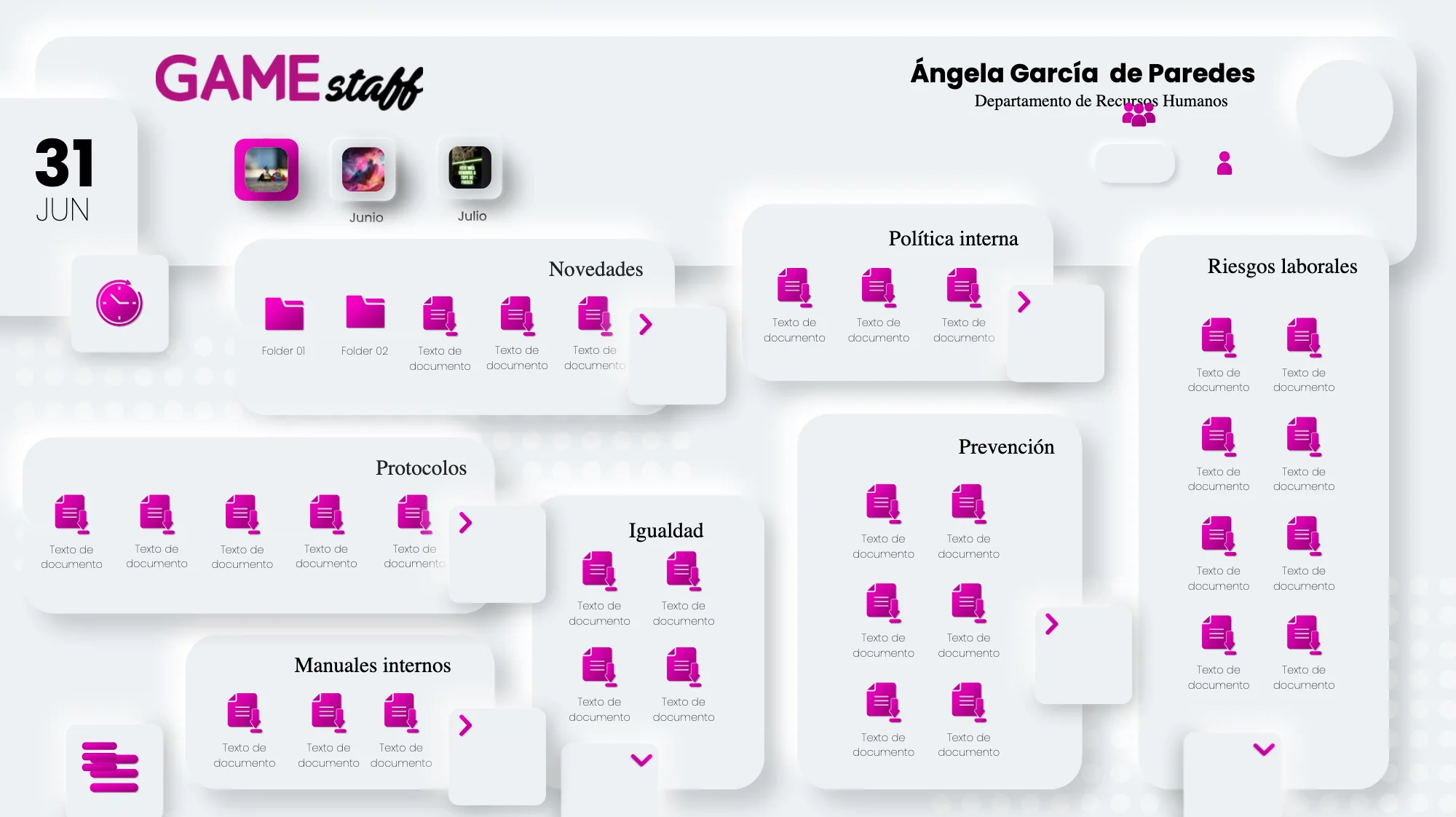Documentation: payslips, internal policies, workplace safety, training and equality, grouped by subject