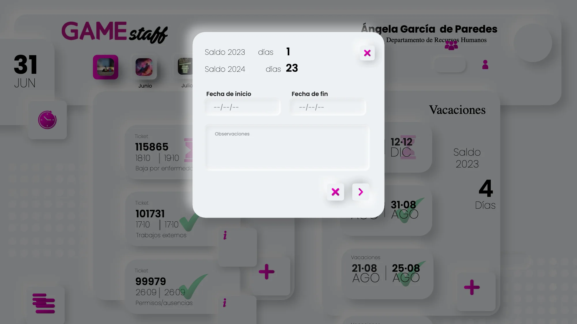 Holiday request over the dimmed dashboard: two date fields only