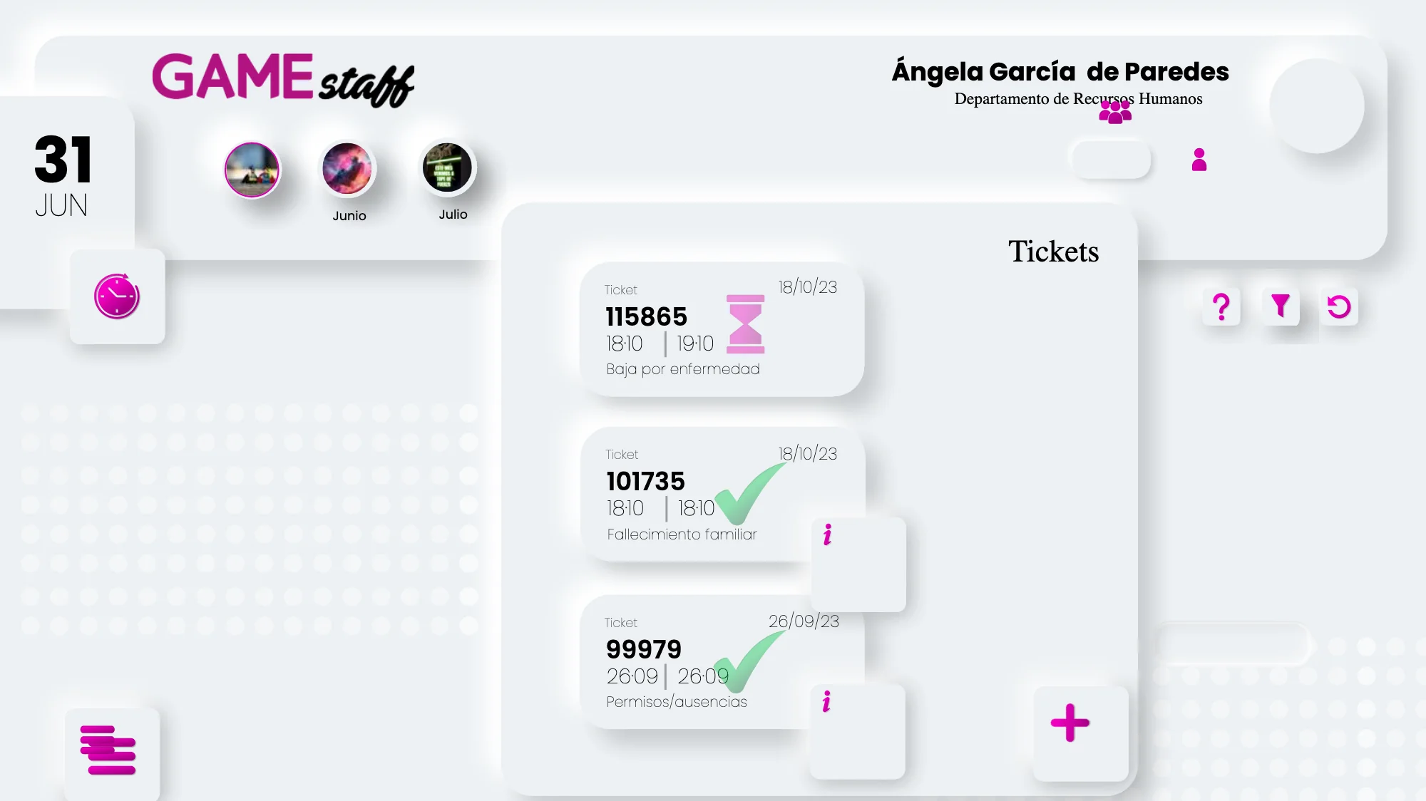 Ticket view: every request with its number, its dates and its state