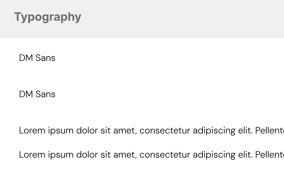 The system's typography board: the DM Sans family with its weights and sample paragraphs