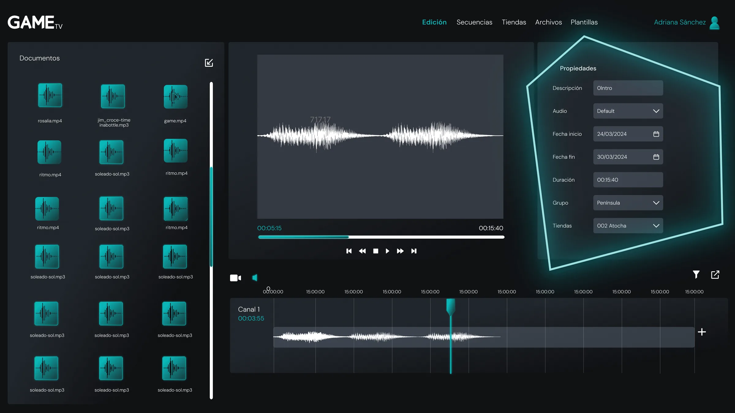 The editor in audio mode: the file's waveform in the preview and its track on the channel timeline