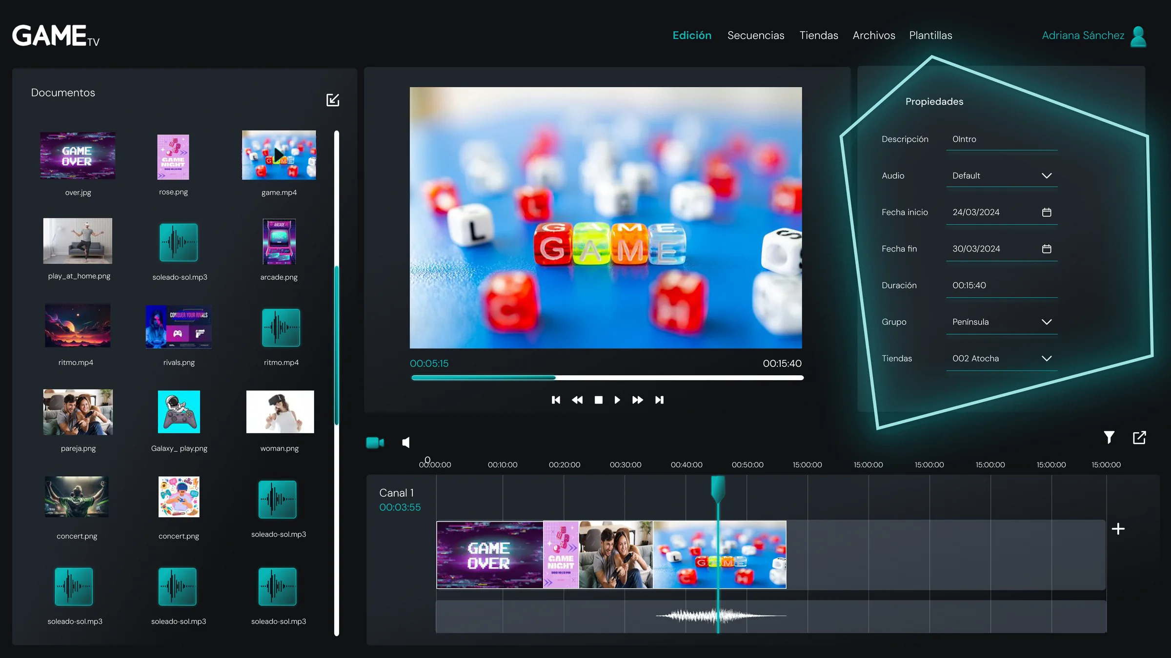 The editor with the properties panel highlighted by a neon stroke: description, audio, start and end dates, duration, group and store of the clip