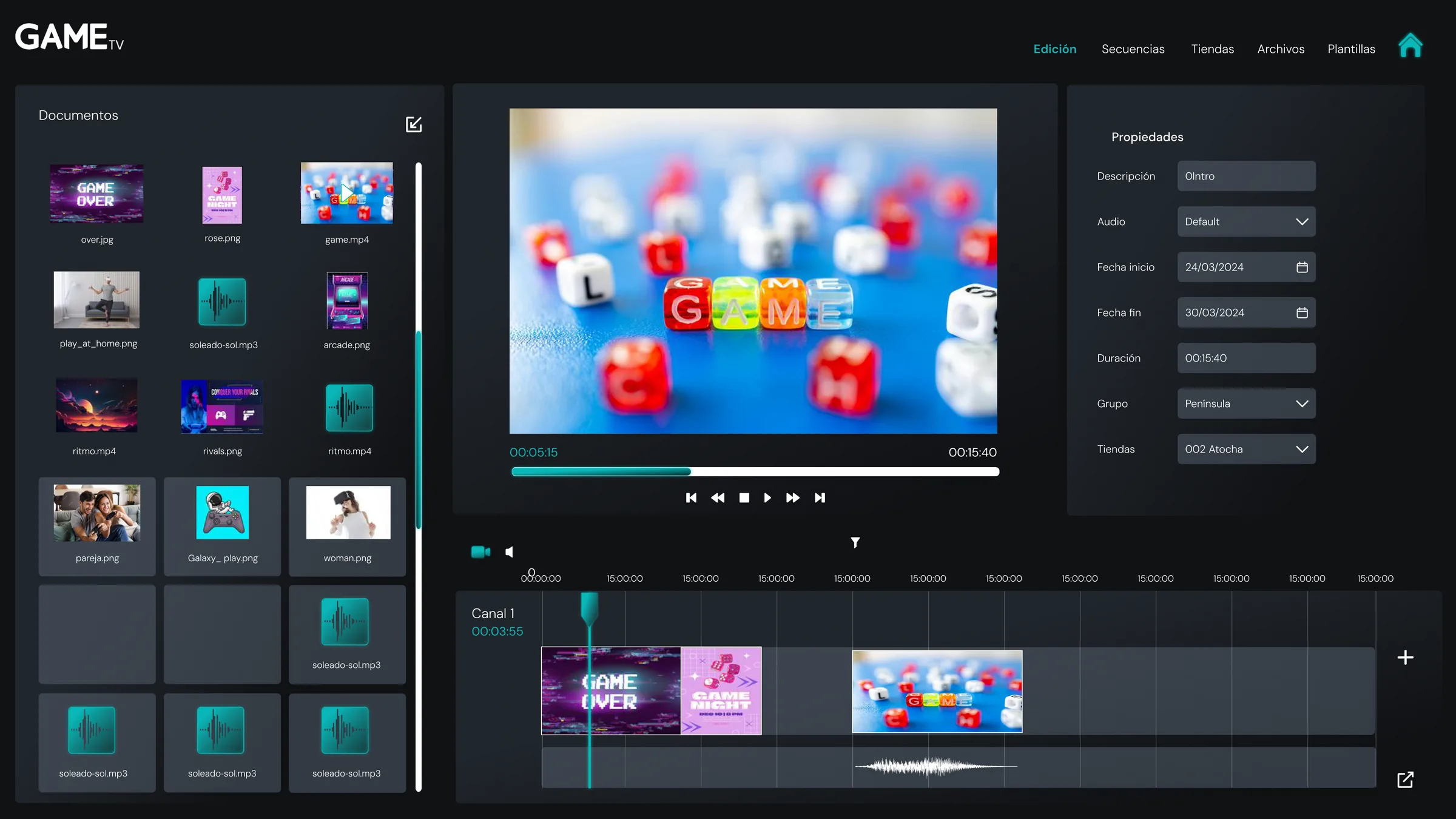 The Retina editor: document library on the left, video preview in the centre, properties panel on the right and the channel timeline at the bottom