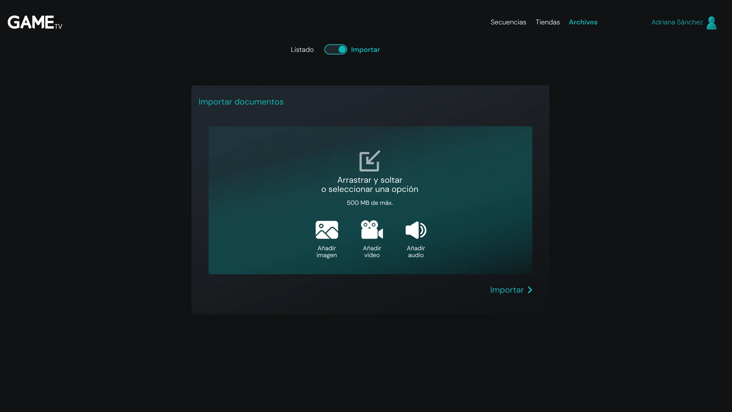 Document import screen: drag-and-drop area over a teal gradient, with the add image, add video and add audio buttons and the 500 MB limit