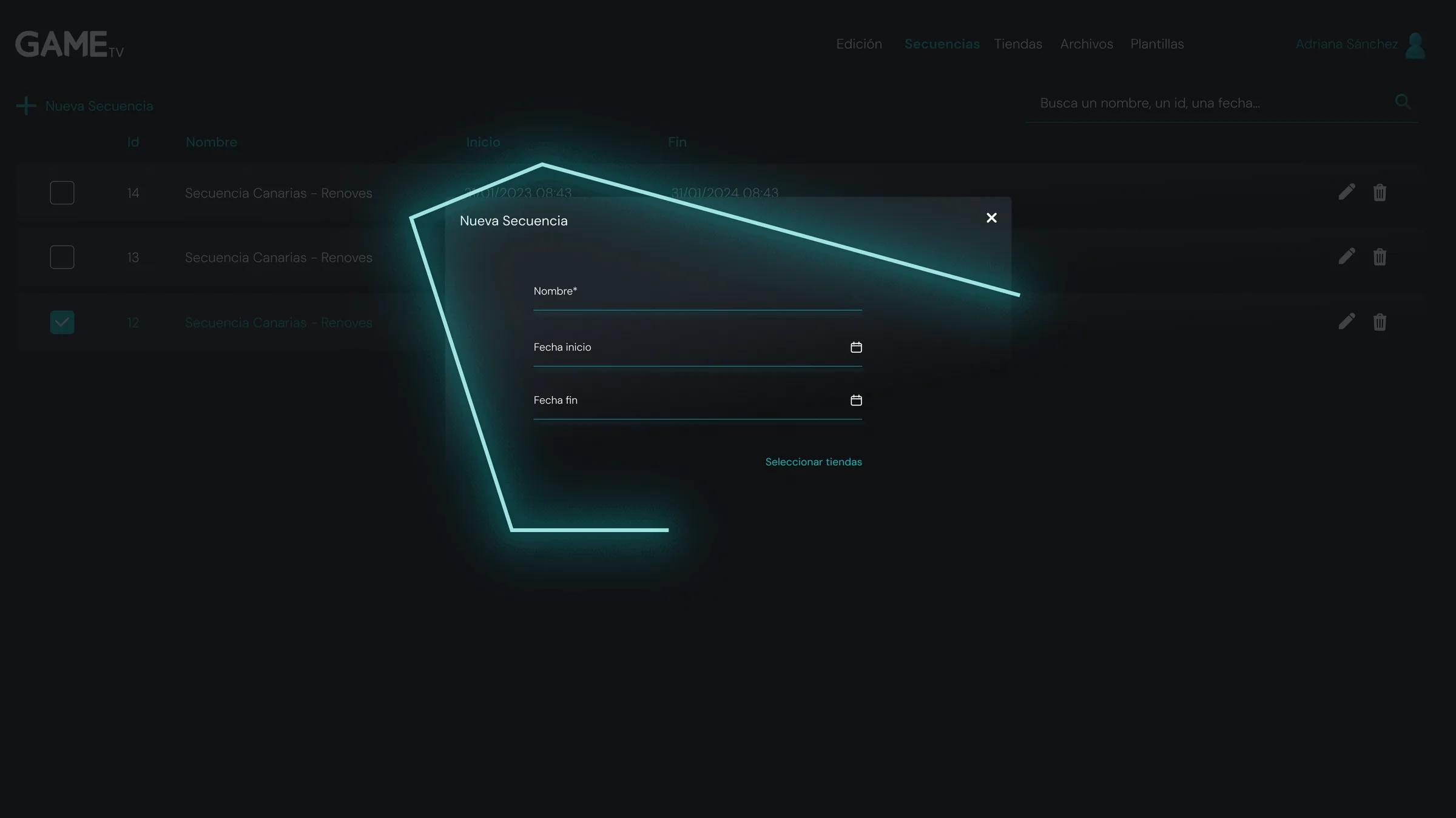 New sequence modal over the dimmed list: name, start date, end date and the link to select stores, with the neon stroke around it