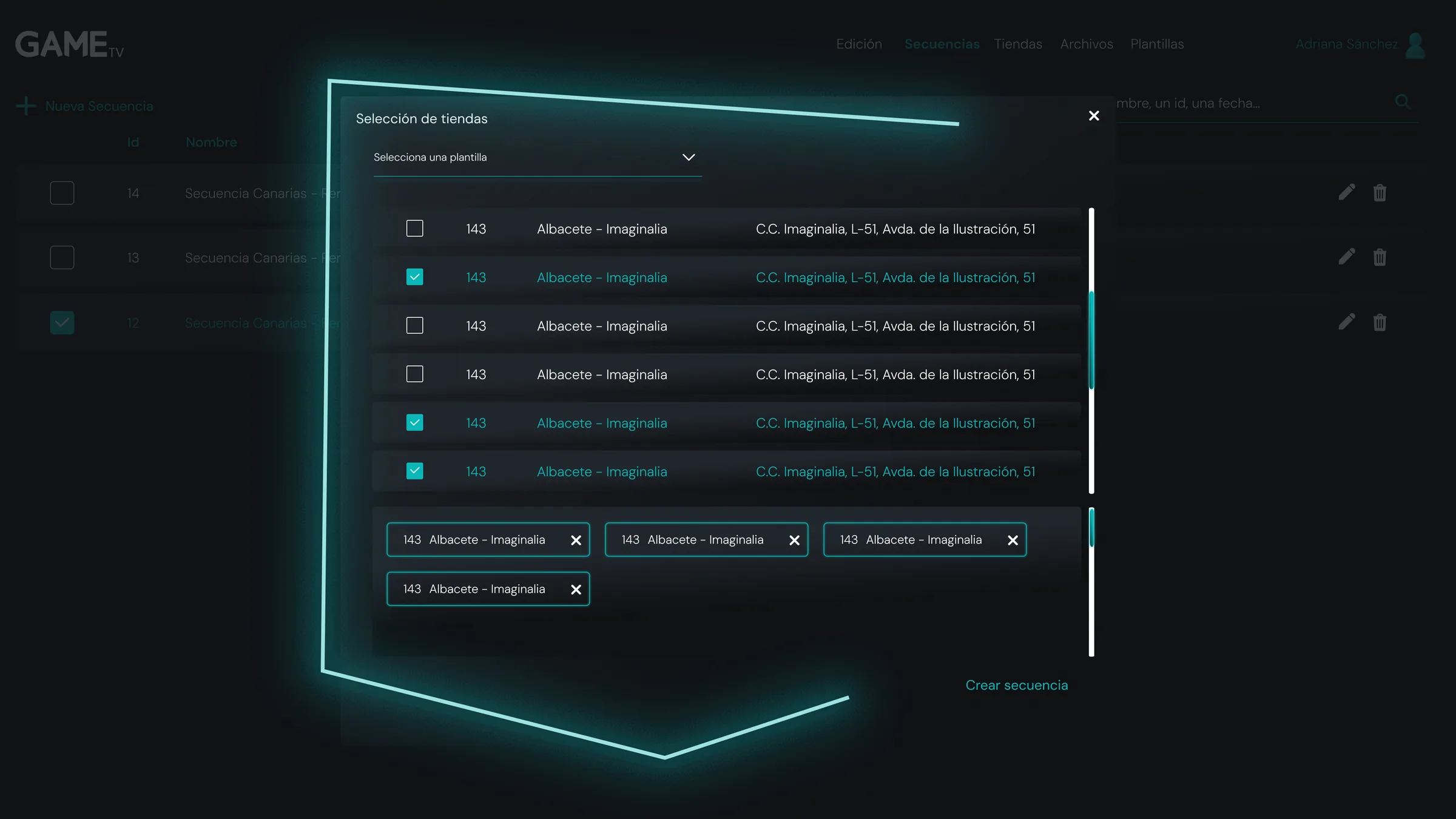 Store selection modal: list with checkboxes, template selector and the chosen stores as removable chips at the bottom