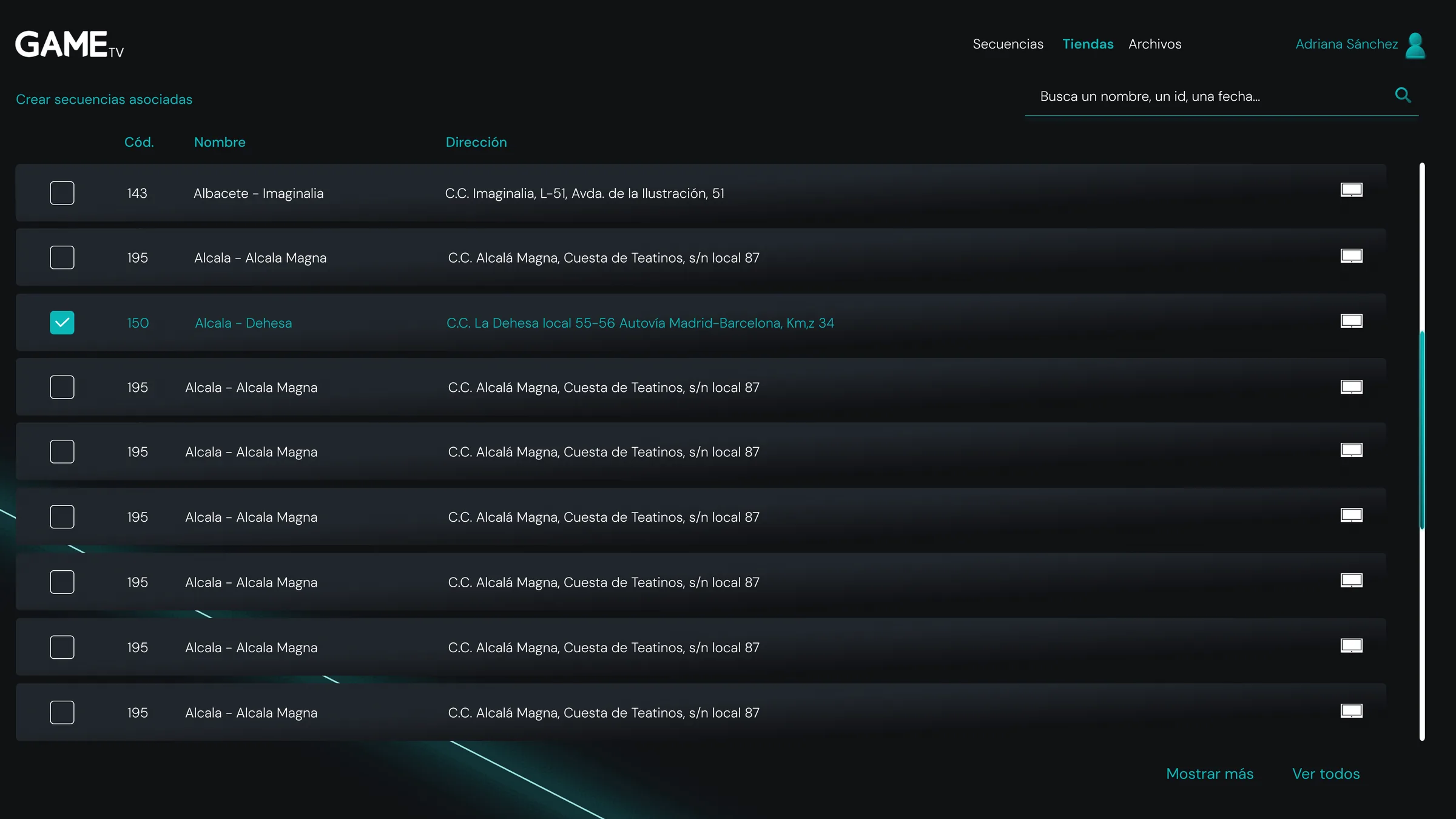 Store list: code, name and full address of every GAME store, with one row selected in teal