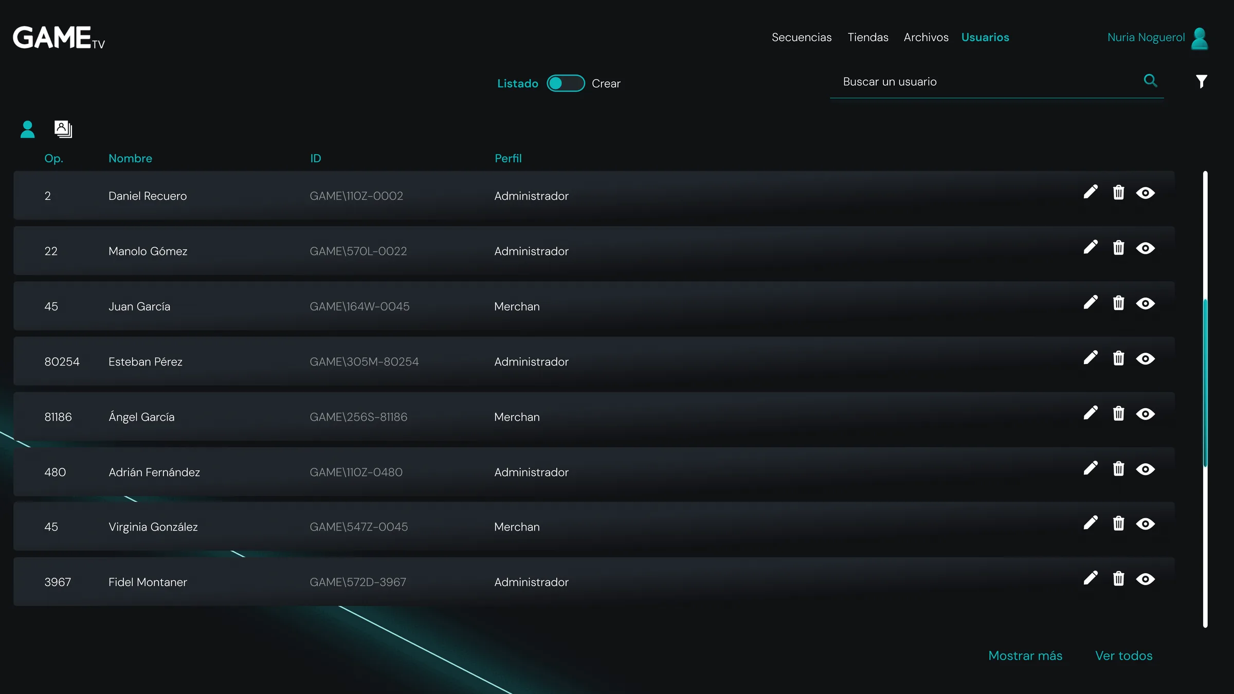 User list: name, corporate id and profile of every person — administrator or merchandiser — with per-row actions