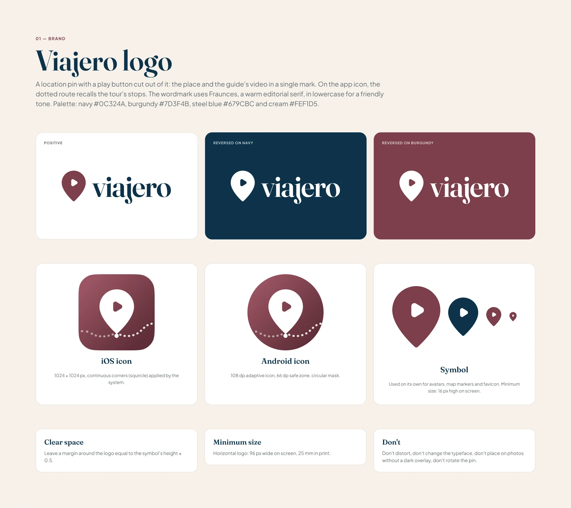 Brand board: the horizontal logo in colour, on navy and on burgundy, the iOS and Android icons, the symbol, clear space and minimum size