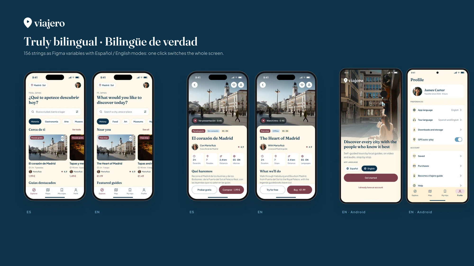 Bilingual board: the same screens in Spanish and English, on iPhone and Android, on a navy background